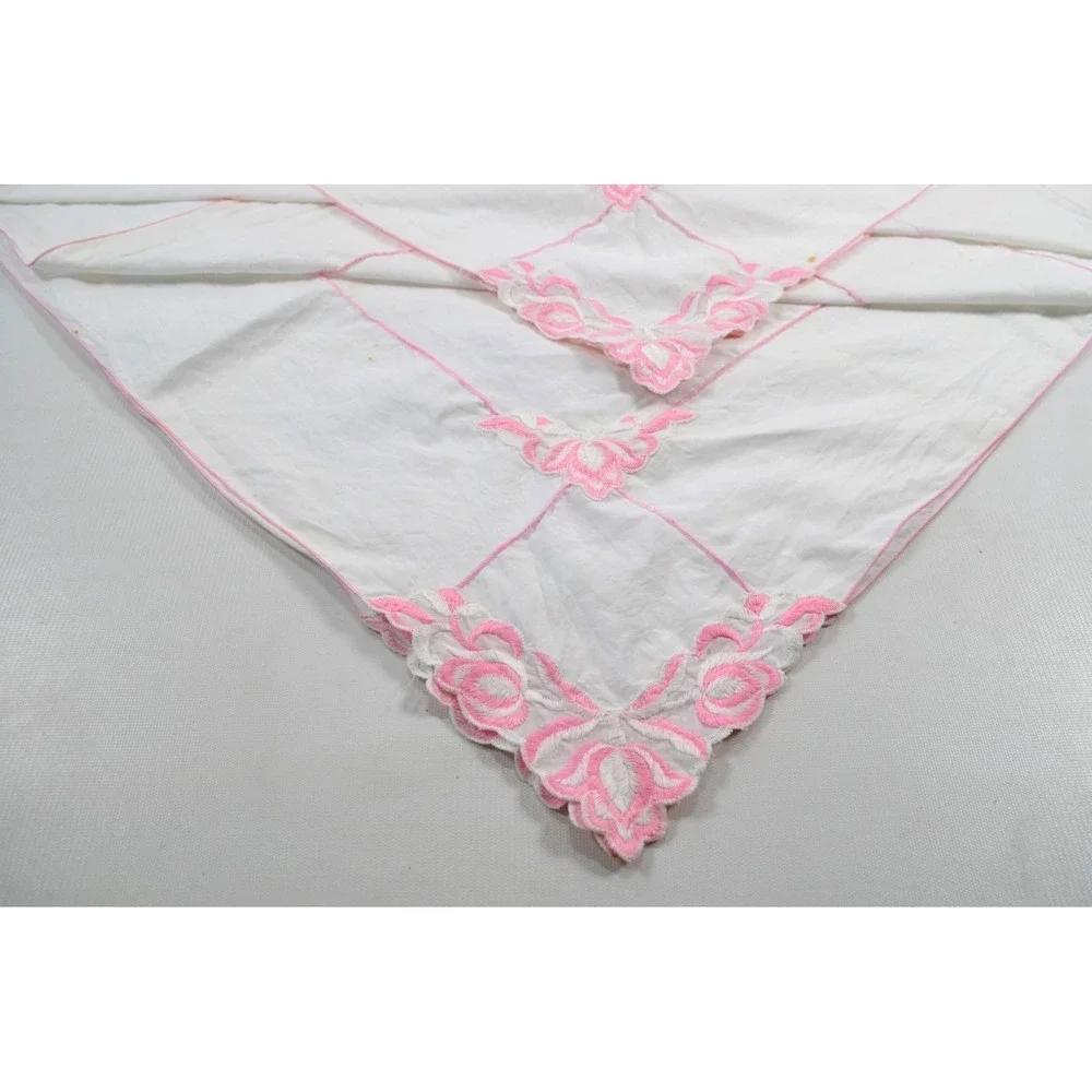 Vintage White Floral Tablecloth with Pink Roses and Line Accents 50x50